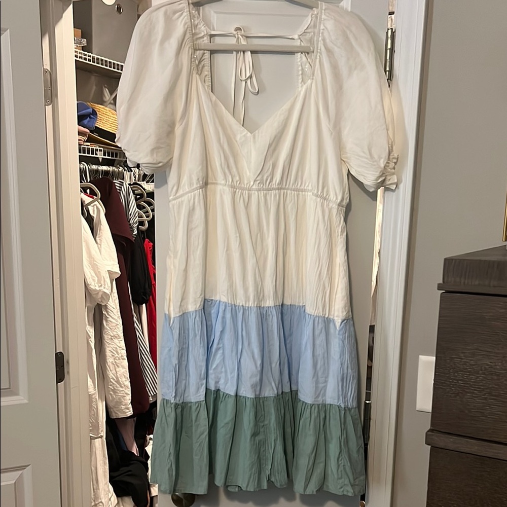Cream Blue Tiered Puff Sleeve V-Neck Midi Sundress